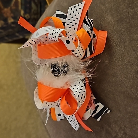 HANDMADE Polka Dot Feather Ribbon Gem Coquette Bow Hair Barrette - Picture 3 of 8